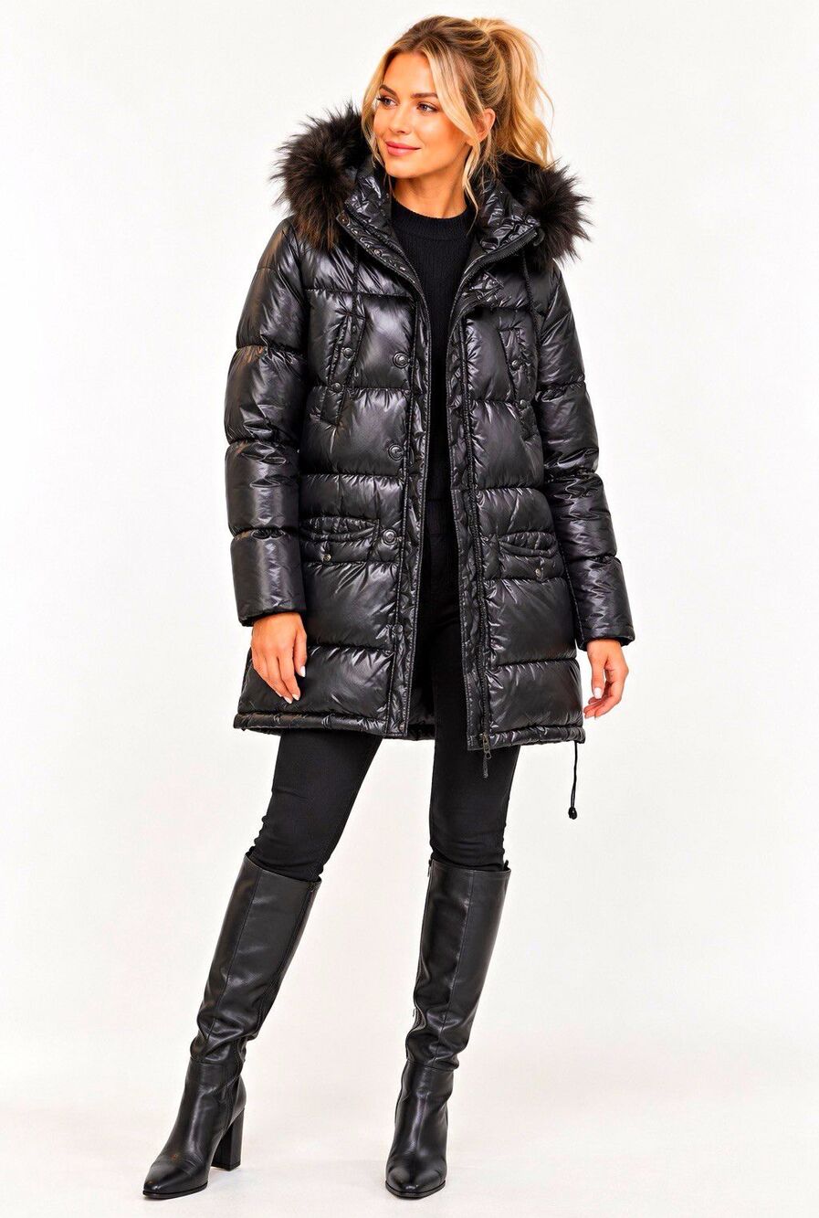 Izzuextreme Women's M Glossy Black Down Parka Puffer Jacket Coat Fur Collar Hood